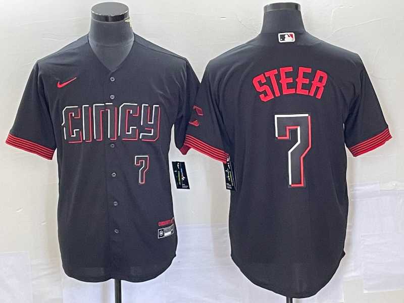 Mens Cincinnati Reds #7 Spencer Steer Numer Black 2023 City Connect Cool Base Stitched Baseball Jersey 1
